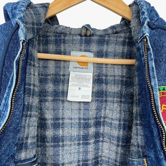 Vintage Carhartt Blanket Lined Jacket Mens M Denim Hooded Buffalo Plaid J139 DST - Picture 9 of 16